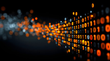 Long line of binary numbers with orange and blue colors. Concept of technology and complexity