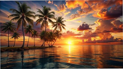 Obraz premium Tropical sunset on a Hawaiian beach with palm trees silhouetted against the vibrant sky and calm ocean
