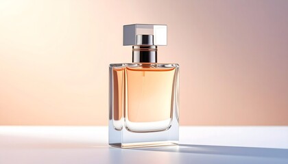 Perfume advertisement, bottle and minimalism: Transparent rectangular perfume bottle shot in studio, soft gradients in background.