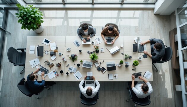 Collaborative workspace: High-angle view of business team at the office table