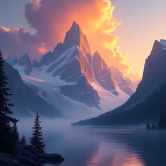 Surreal Cinematic Landscape of Jagged Mountains at Golden Hour with Reflective Lake