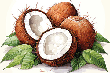 Coconuts watercolor sketch. Fresh Cocos nuts and leaves colorful watercolor paint isolated on white background, coconut ingredients painted drawing, coco color vector illustration