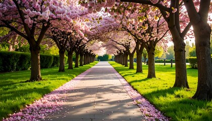Cherry blossoms line a park path