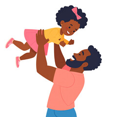 Flat Vector Illustration of Happy African American Dad Playing with Daughter, Transparent Background