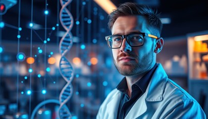 Portrait of a dedicated scientist in a lab, focused on genetic research