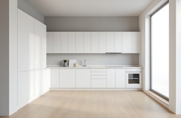 Single-wall kitchen with matte white cabinets and wood flooring, soft daylight and clean grey wall for minimalist home interior styling