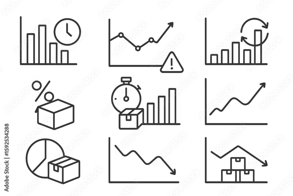 Poster set of 9 linear business graph icons on gray background