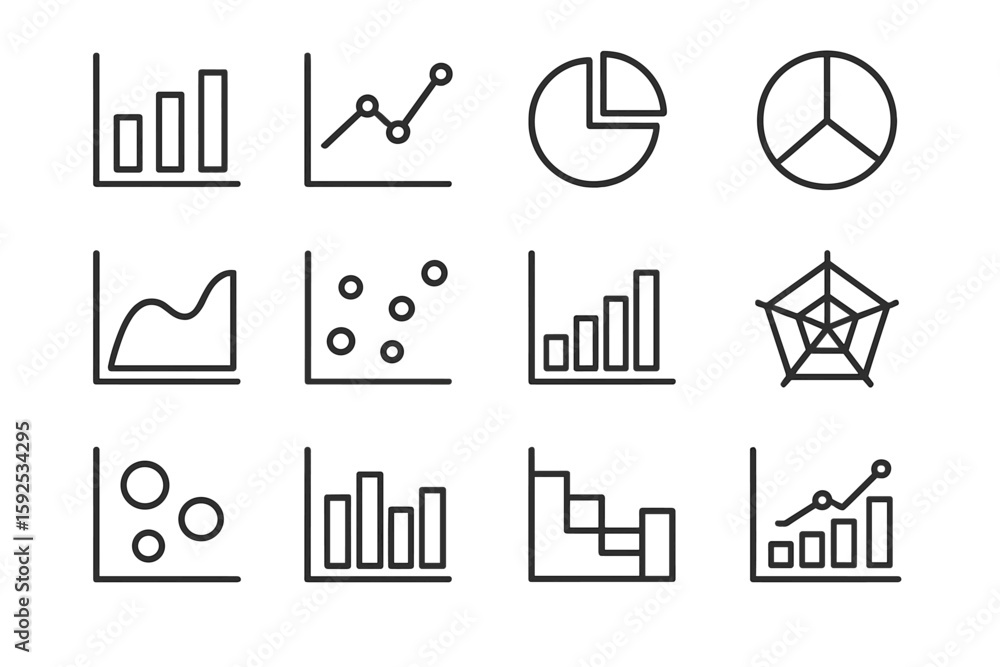 Poster set of various graph and chart icons on dark background