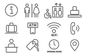 Airport icons: information, restroom, atm, wifi, phone, luggage, accessibility