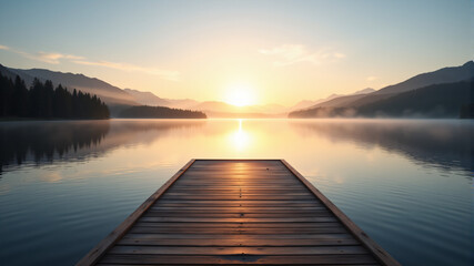 Obraz premium Serene Sunrise Over Calm Lake with Dock