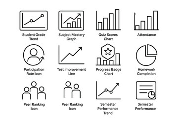 Educational dashboard icons for student performance and progress tracking