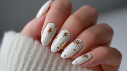 Elegant winter nail art with white and gold star designs on female hand