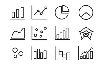 Set of various graph and chart icons on dark background