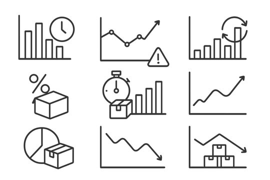 Set of 9 linear business graph icons on gray background