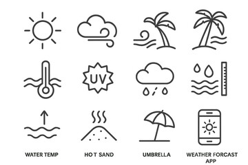 Fototapeta premium Weather icons set with sun, cloud, thermometer, umbrella, and smartphone