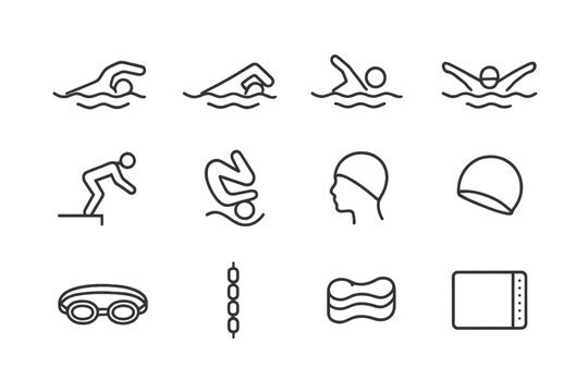 Swimming icon set featuring strokes and gear in simple line design