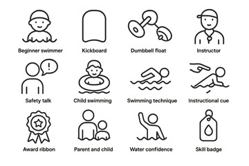 Beginner swimming icons featuring techniques and safety tips
