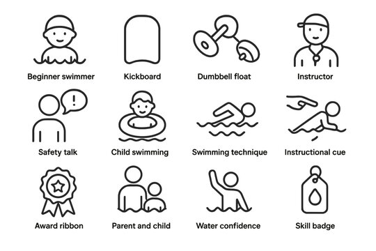 Beginner swimming icons featuring techniques and safety tips