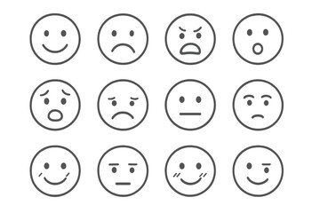 Various emoticon faces displaying different emotions in gray tones