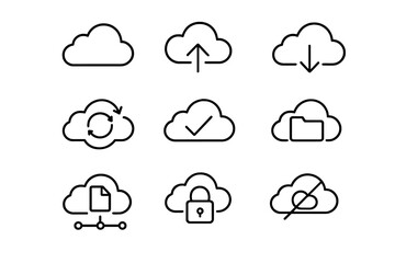 Cloud storage icons: upload, download, sync, security, check, file, lock, disabled