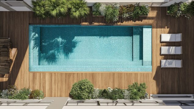 Rooftop pool with lush greenery