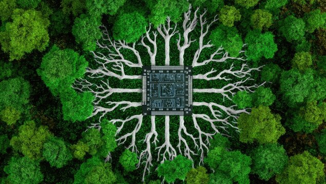 A central computer chip surrounded by tree roots and foliage