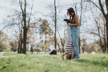 A Filipino mother enjoys a fun outdoor activity with her child during a sunny day, fostering joy...