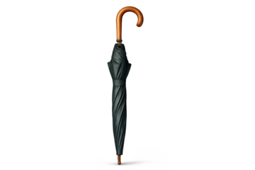 Closed elegant black umbrella with wooden handle on transparent background