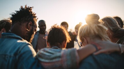 Diverse group embracing at sunset with african and caucasian adults united in prayer