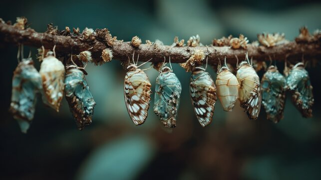 Butterfly chrysalises hanging from branch