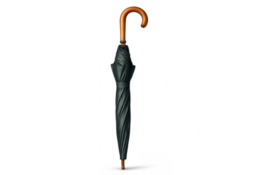 Closed elegant black umbrella with wooden handle on transparent background