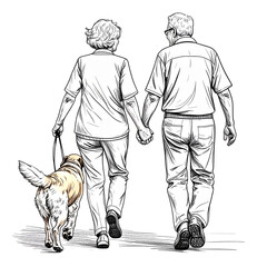 Hand-Drawn Sketch of Happy Senior Couple Strolling with Dog, Transparent Background