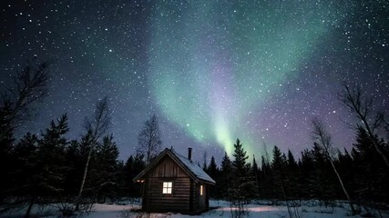 Witness the mesmerizing northern lights dance above a snow covered cabin nestled among the enchanting forest. - Powered by Adobe
