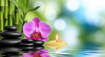 Zen spa tranquility with bamboo orchid stones and floating candle