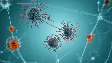 Microscopic view of spiky spherical viruses floating in teal liquid under digital scientific interface. Concept of infection, biology and global disease - Powered by Adobe
