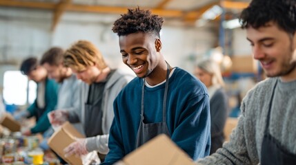 Diverse group of young adults volunteering at community food bank