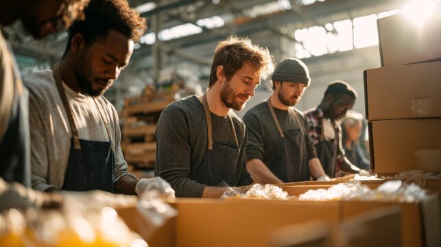 Diverse group of young adults working together in warehouse packing boxes