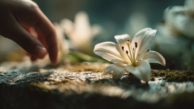 Gentle touch on white lily flower in soft natural light