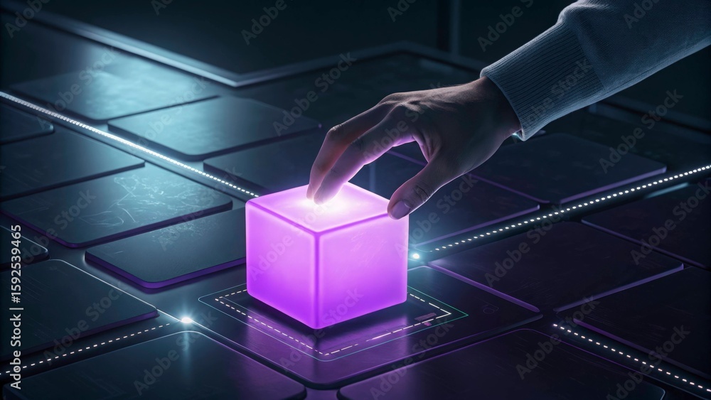 Poster hand touching a glowing purple cube on a dark surface with illuminated grid lines and square platfor