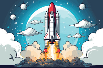 Naklejka premium Space ship Rocket launch in the sky flying over clouds flat color vector illustration