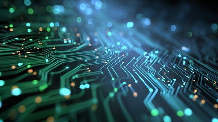 Futuristic green and blue circuit board with glowing lines and nodes