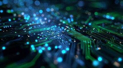 Close-up of glowing circuit board with green and blue lights