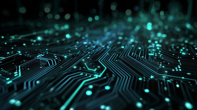 Close-up of futuristic circuit board with glowing blue connections