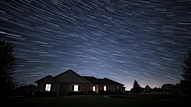 Suburban home glows warmly against the dark twilight sky, a peaceful residential scene showcasing neighborhood life and architecture.