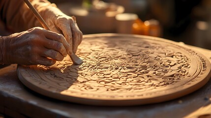 Detailed Close-Up of Artisan Hands Carving Floral Motif on Clay Plate in Rustic Studio, Traditional Ceramic Artist Crafting Intricate Flower Pattern on Handmade Clay Dish, showcasing ceramic artistry.