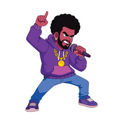 Cartoon man with afro, wearing a hoodie and gold chain, singing into a microphone with an energetic pose.