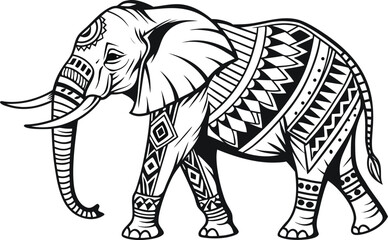 Obraz premium Ornate Elephant Illustration with Tribal Pattern in Black and White