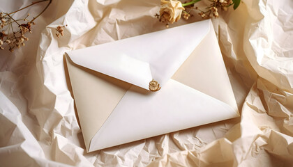 Cream Envelope with Wax Seal Among Dried Roses and Crumpled Paper