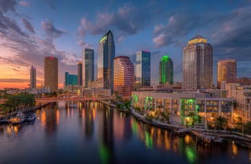Panoramic photo of the city skyline in Tampa, Florida, with downtown buildings and tall skyscrapers, against a beautiful sky at dusk, with some clouds, and green lighting on one building Generative AI
