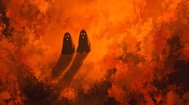 Abstract halloween backdrop with smoky textures, orange glow, floating ghosts, and layered shadows of skeletons and pumpkins, wallpaper or poster design. ghost layer. Illustration